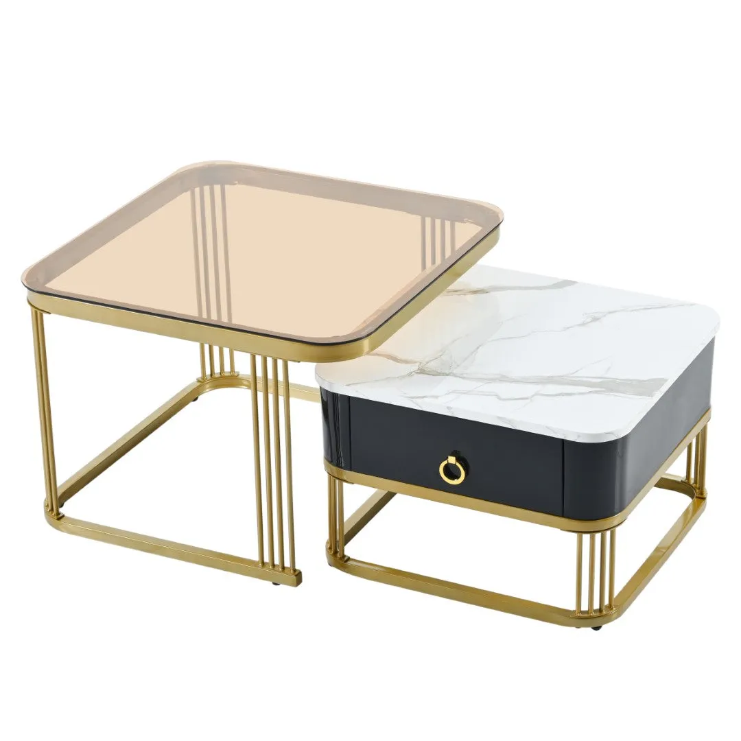 3-Piece Nesting Coffee Table Set, Square Stacking Tables with Brown Glass, High Gloss Marble Grain, Black