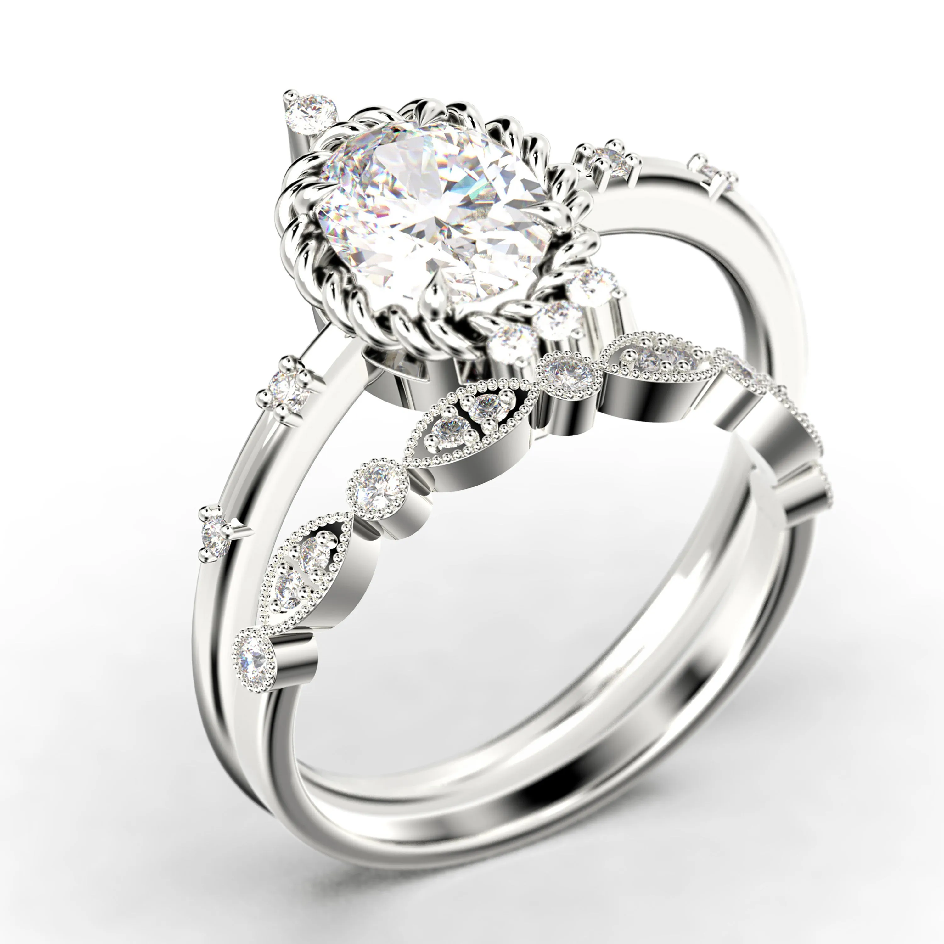 Dazzling Art Nouvea 2.00 Carat Oval Cut Diamond Moissanite Engagement Ring, Wedding Ring In 925 Sterling Silver With 18K  Gold Plating, Compass Ring, Bridal Set, Matching Band