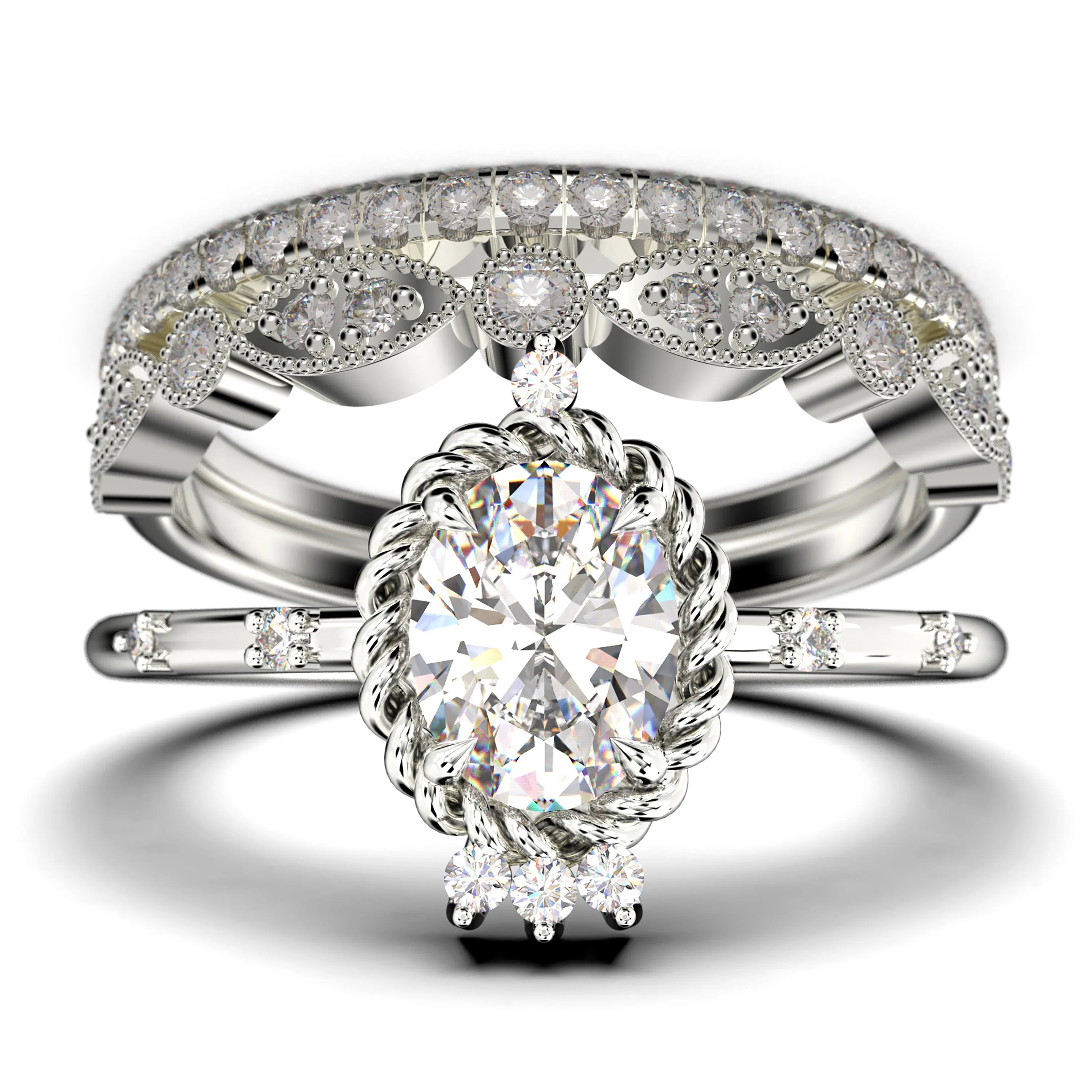 Dazzling Art nouvea 2.50 Carat Oval Cut Diamond Moissanite Engagement Ring, Wedding Ring in 925 Sterling Silver With 18k White Gold
 Plating,  Compass Ring, Trio Set, Matching Band
