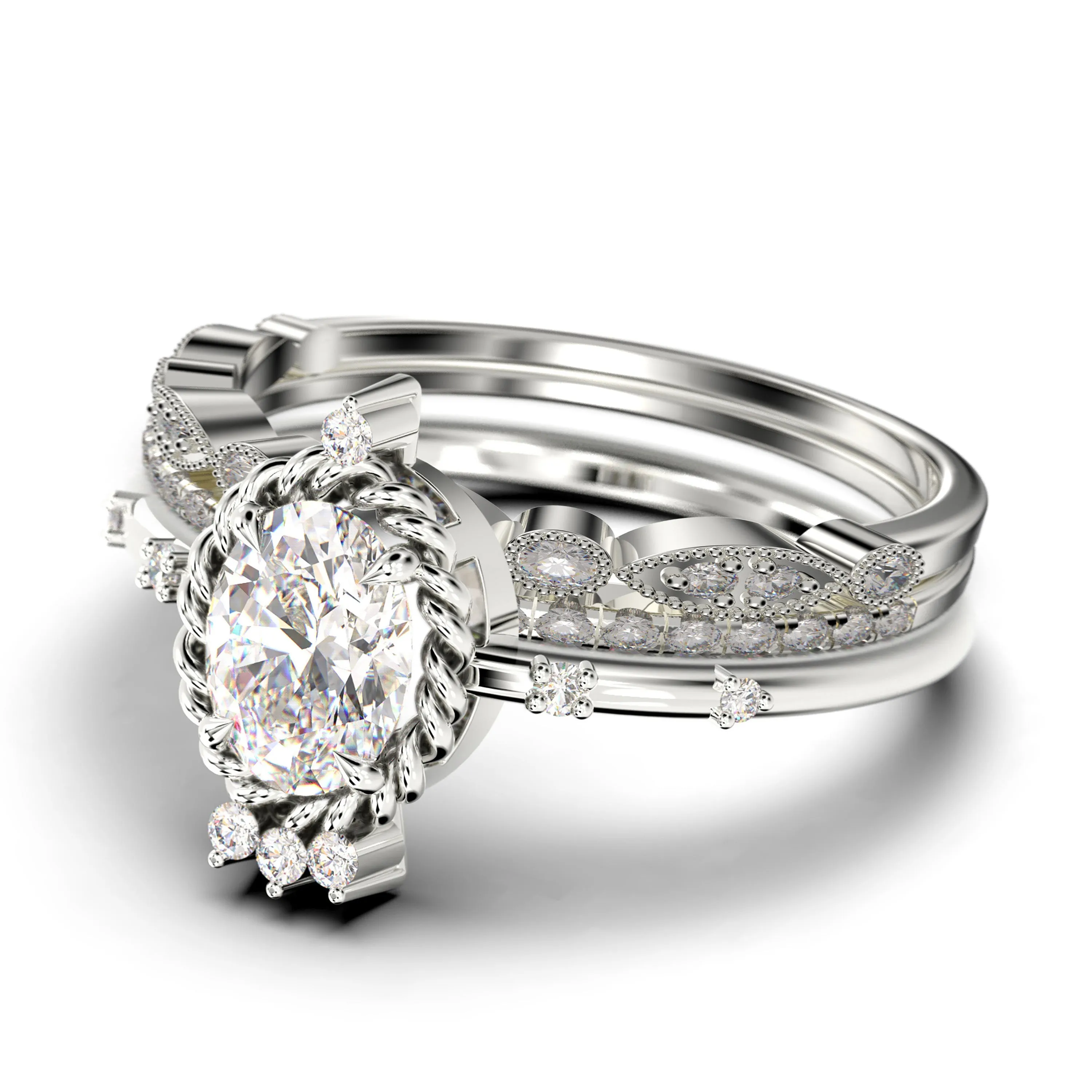 Dazzling Art nouvea 2.50 Carat Oval Cut Diamond Moissanite Engagement Ring, Wedding Ring in 925 Sterling Silver With 18k White Gold
 Plating,  Compass Ring, Trio Set, Matching Band