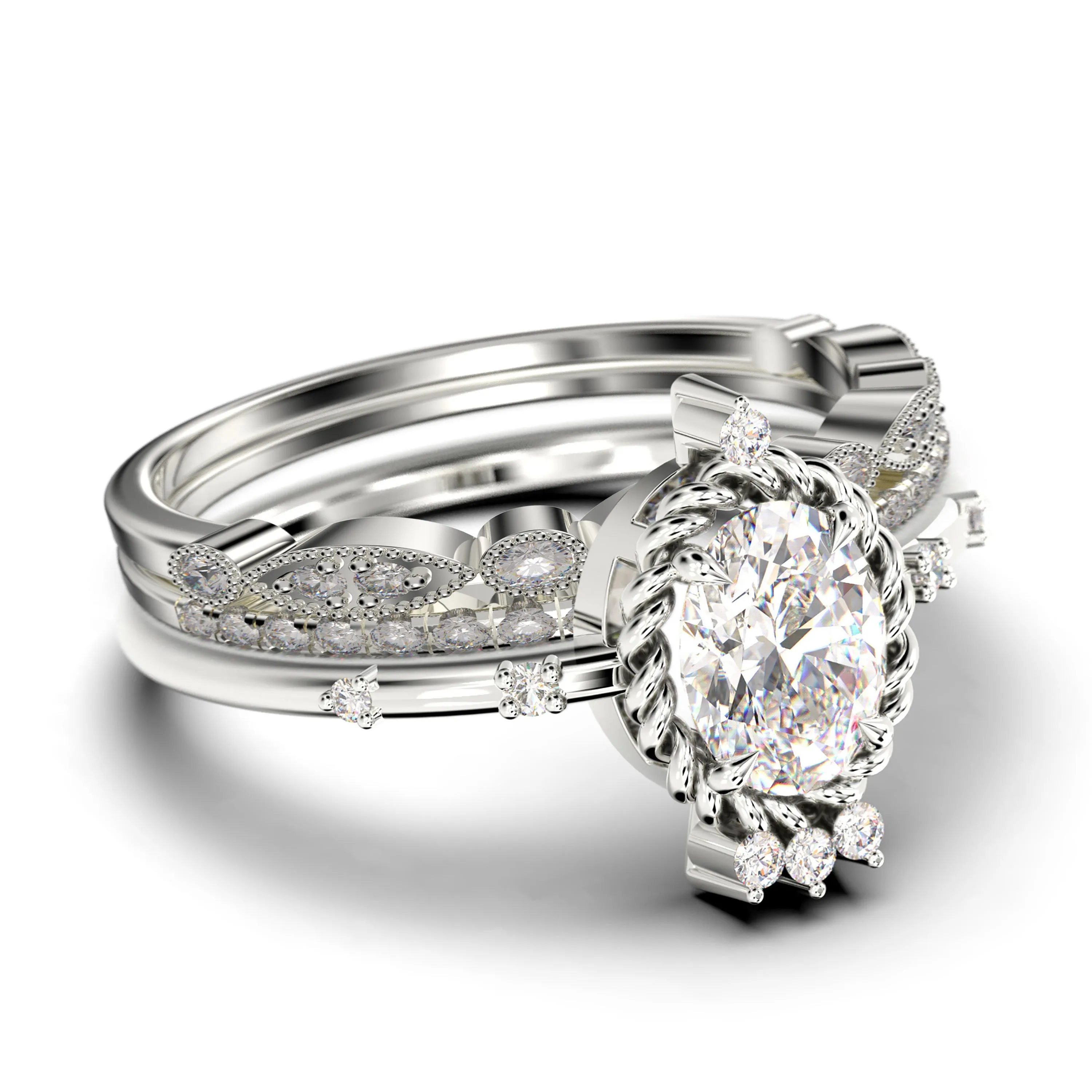 Dazzling Art nouvea 2.50 Carat Oval Cut Diamond Moissanite Engagement Ring, Wedding Ring in 925 Sterling Silver With 18k White Gold
 Plating,  Compass Ring, Trio Set, Matching Band