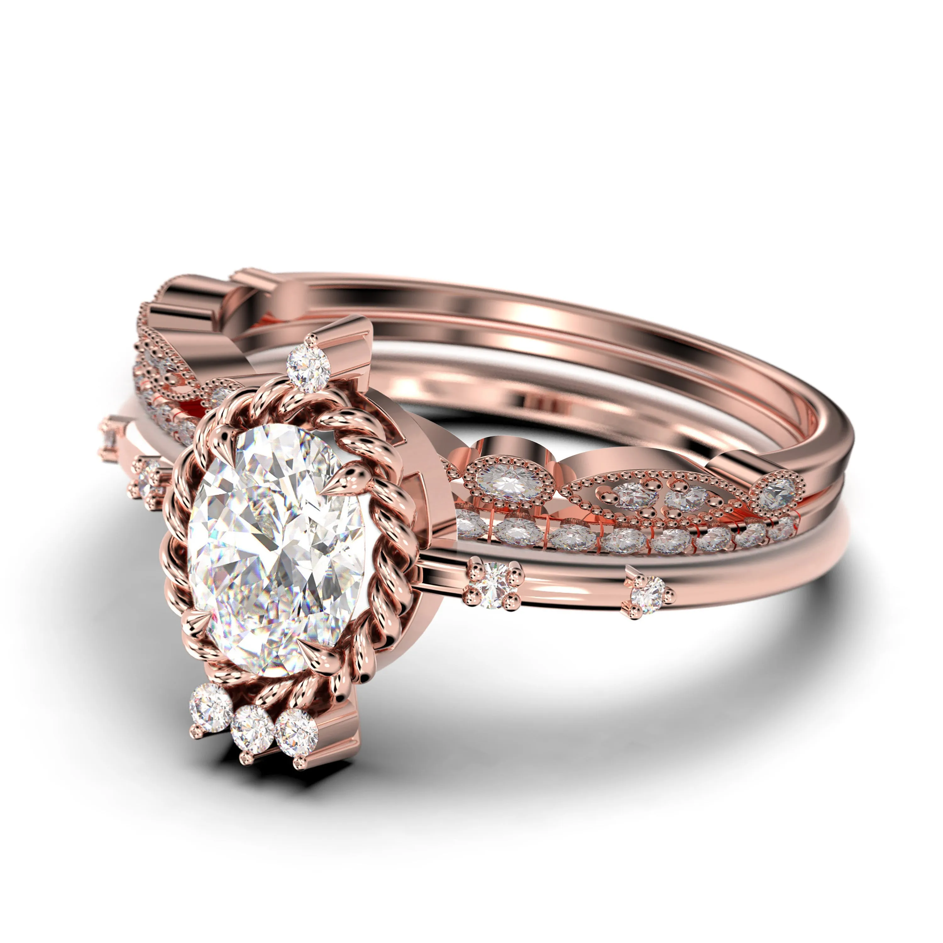 Dazzling Art nouvea 2.50 Carat Oval Cut Diamond Moissanite Engagement Ring, Wedding Ring in 925 Sterling Silver With 18k White Gold
 Plating,  Compass Ring, Trio Set, Matching Band