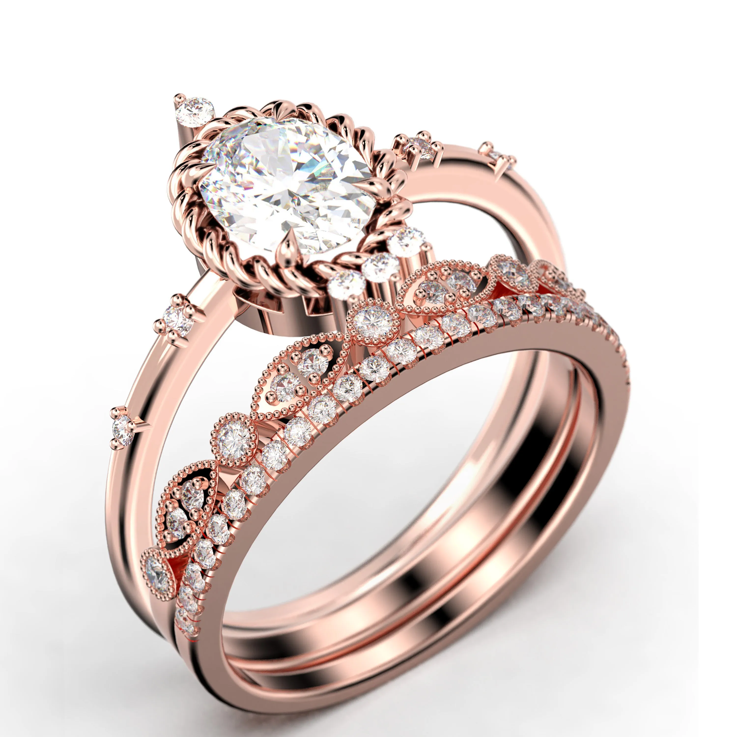 Dazzling Art nouvea 2.50 Carat Oval Cut Diamond Moissanite Engagement Ring, Wedding Ring in 925 Sterling Silver With 18k White Gold
 Plating,  Compass Ring, Trio Set, Matching Band