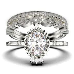 Dazzling Art nouvea 2.50 Carat Oval Cut Diamond Moissanite Engagement Ring, Wedding Ring in 925 Sterling Silver With 18k White Gold
 Plating,  Compass Ring, Trio Set, Matching Band