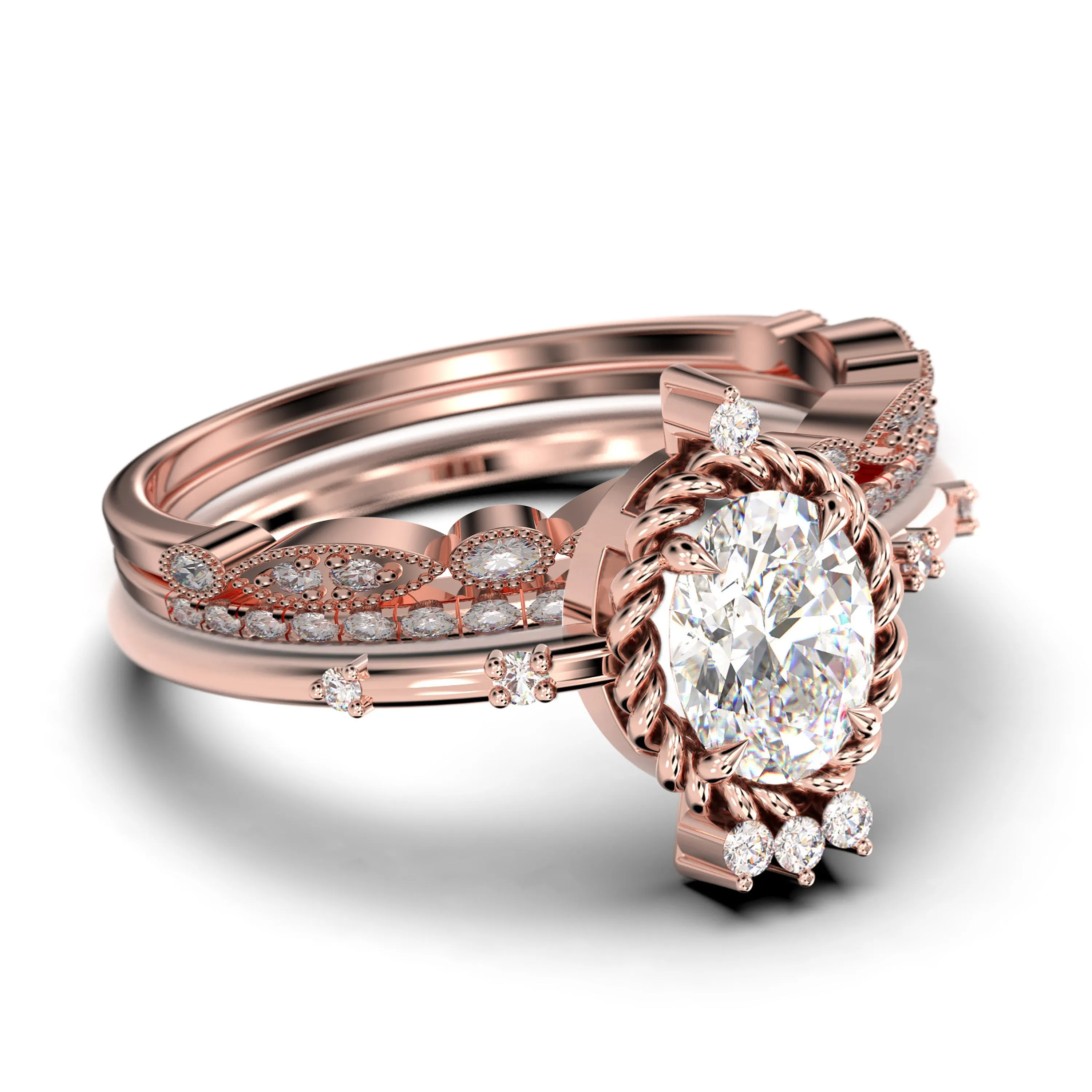Dazzling Art nouvea 2.50 Carat Oval Cut Diamond Moissanite Engagement Ring, Wedding Ring in 925 Sterling Silver With 18k White Gold
 Plating,  Compass Ring, Trio Set, Matching Band
