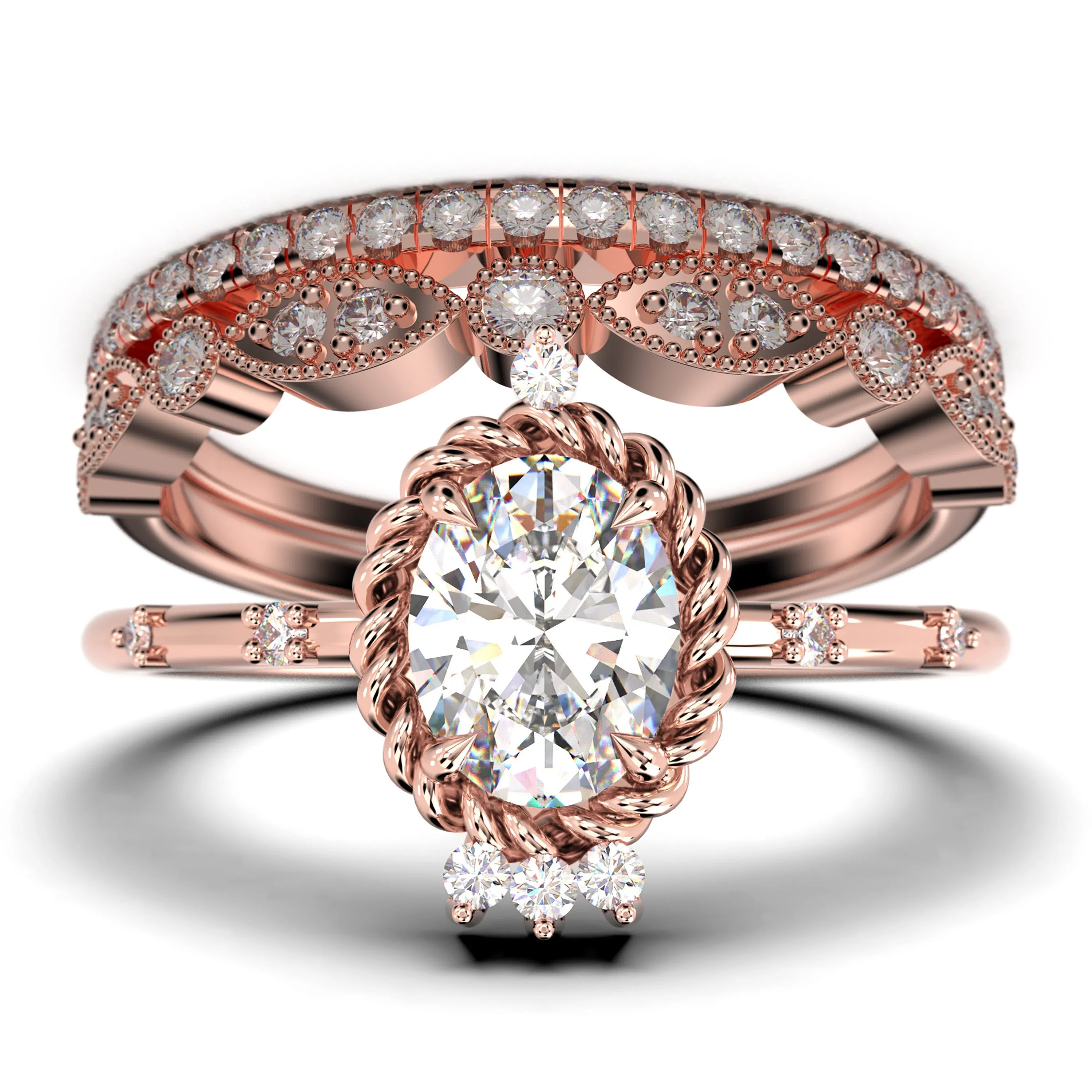 Dazzling Art nouvea 2.50 Carat Oval Cut Diamond Moissanite Engagement Ring, Wedding Ring in 925 Sterling Silver With 18k White Gold
 Plating,  Compass Ring, Trio Set, Matching Band