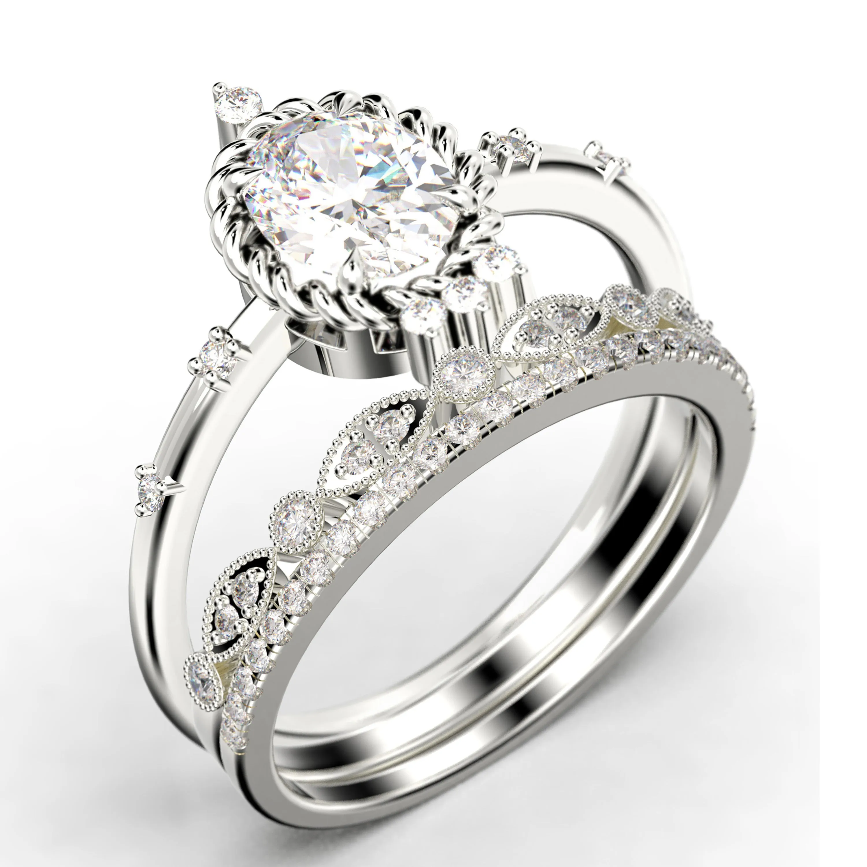 Dazzling Art nouvea 2.50 Carat Oval Cut Diamond Moissanite Engagement Ring, Wedding Ring in 925 Sterling Silver With 18k White Gold
 Plating,  Compass Ring, Trio Set, Matching Band